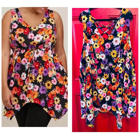 Torrid 6 (6X 30) Vibrant Floral Strappy Back Challis Babydoll Hanky Hem Tank Top - Picture 1 of 4